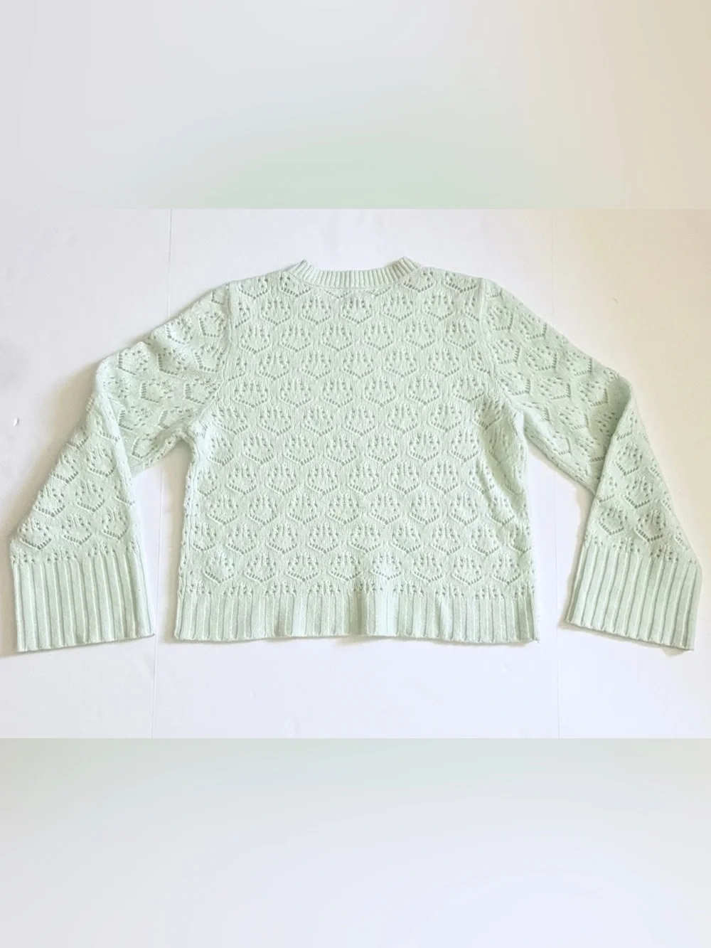 J.Crew 100% Merino Wool Pointelle Knit Sweater Mint Green Wide Sleeves Large